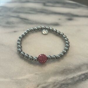 Rustic Cuff Silver Beaded Bracelet with Pink Crystal Accent